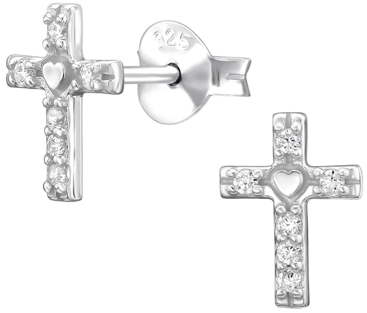 Joy|S - Zilveren kruis oorbellen - 6 x 9 mm - kruisje met hartje - zirkonia - gepolijst - sterling zilver 925 - kruisjes oorknopjes