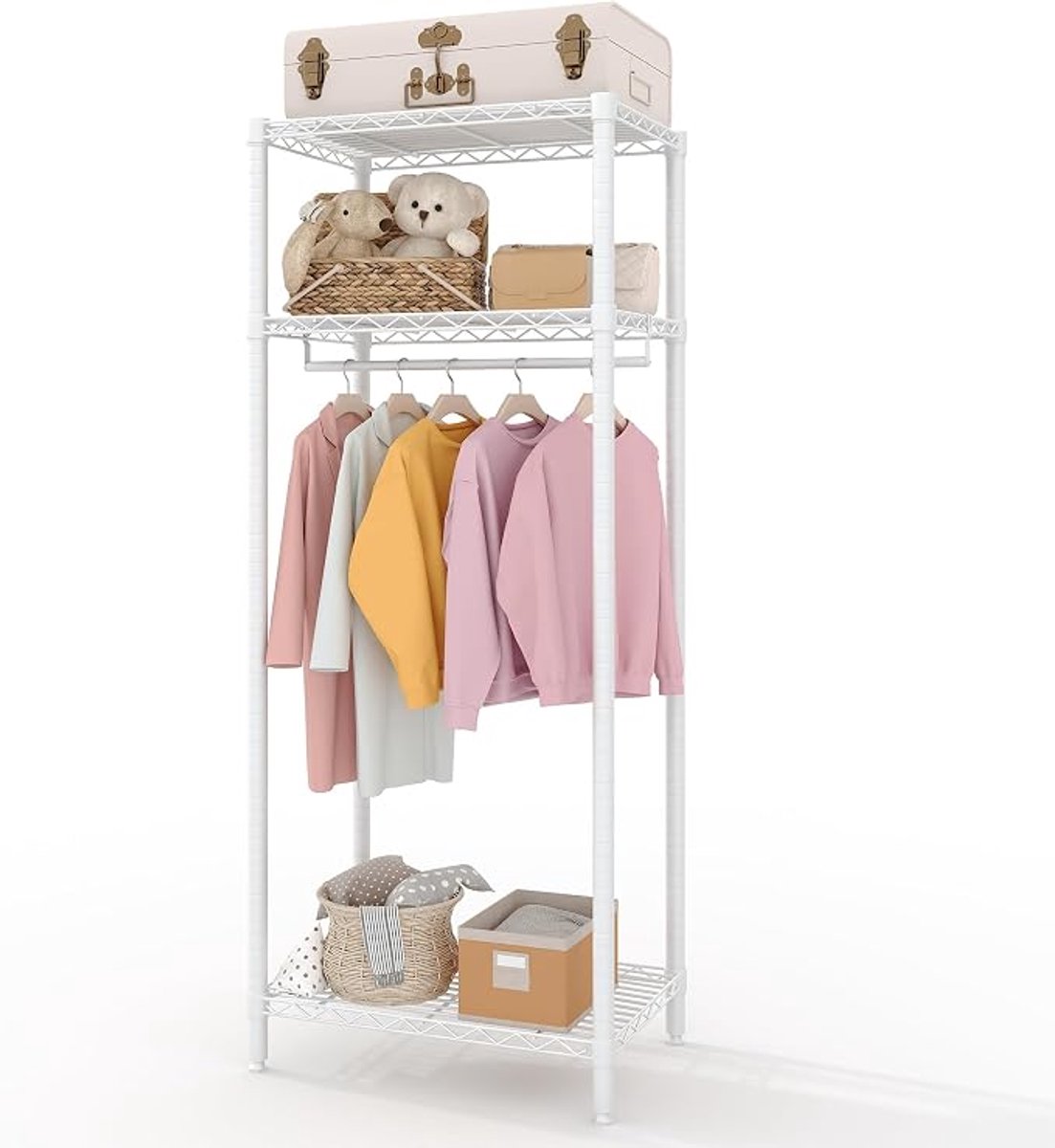 Triumpunpre mini vrijstaand wit metalen kledingrekken – 3 legplanken en één hangstang, verstelbaar draadrek voor kleding, belastbaar tot 310 kg