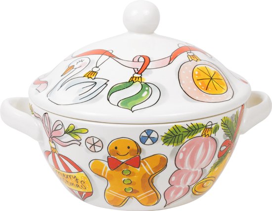 Witte terrineschaal met deksel, versierd met een peperkoekman en de tekst 'Merry Christmas'.