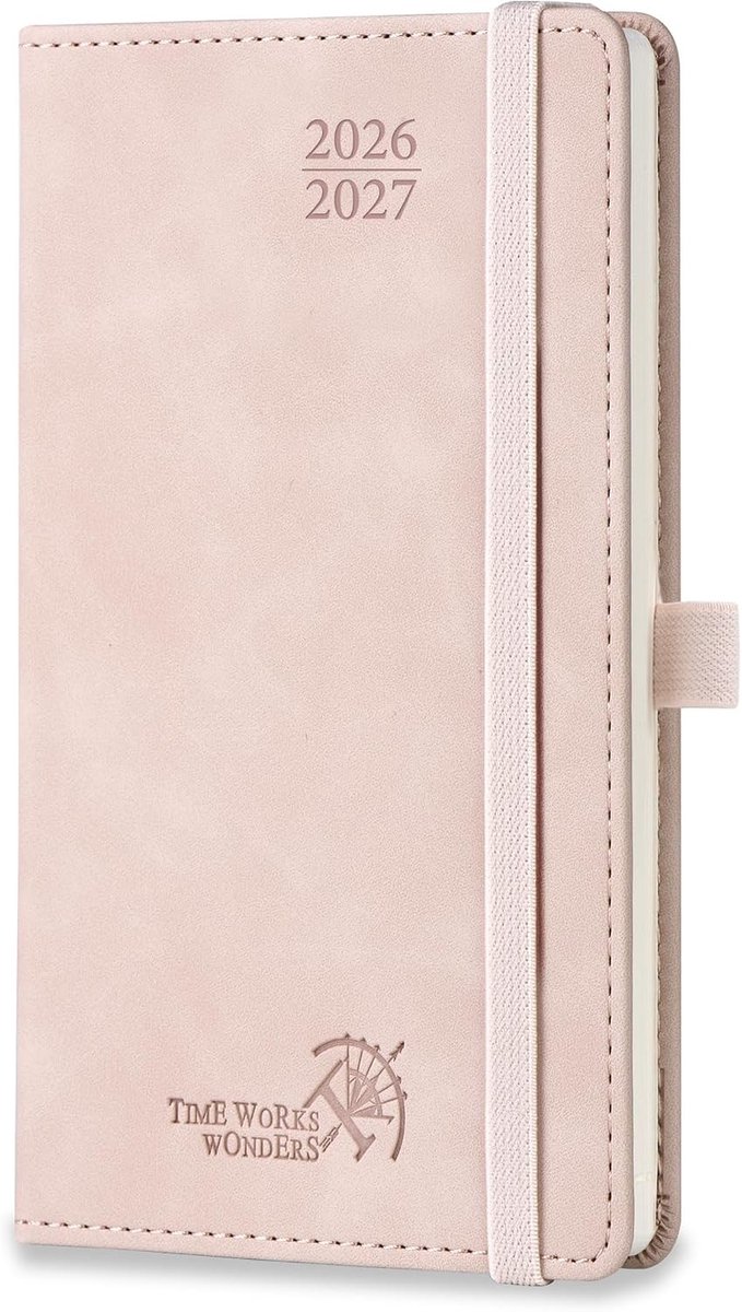 Schoolagenda 26-27 - Lichtroze - 16,5 x 9 cm - PU-leer met harde kaft - Voor studenten en professionals