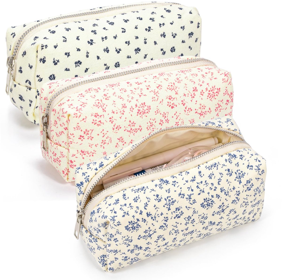 Namajunas - 3-stuks Canvas pennenzak met bloemenpatroon - 20x7x8cm - Opbergtas voor schrijfwaren, oplaadkabels en make-up - Schoolstartcadeaus voor volwassenen en kinderen - Pennenetui - - Leuke pennenhouder