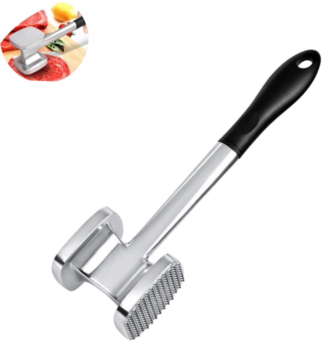 1 stuk - dubbelzijdig vleesverzachter hamer - biefstukhamer vleeskloper - aluminiumlegering zwaar model met anti-slip handvat - - voor rundvlees varkensvlees kip keuken - zilver