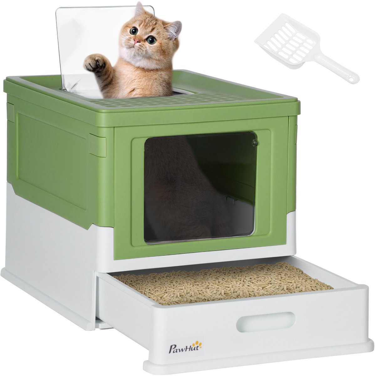 Opvouwbaar kattenhuisje met dubbele klapdeuren – inclusief kattenbakschep – afmetingen: 47,5 x 35,5 x 36,7 cm – avocadogroen