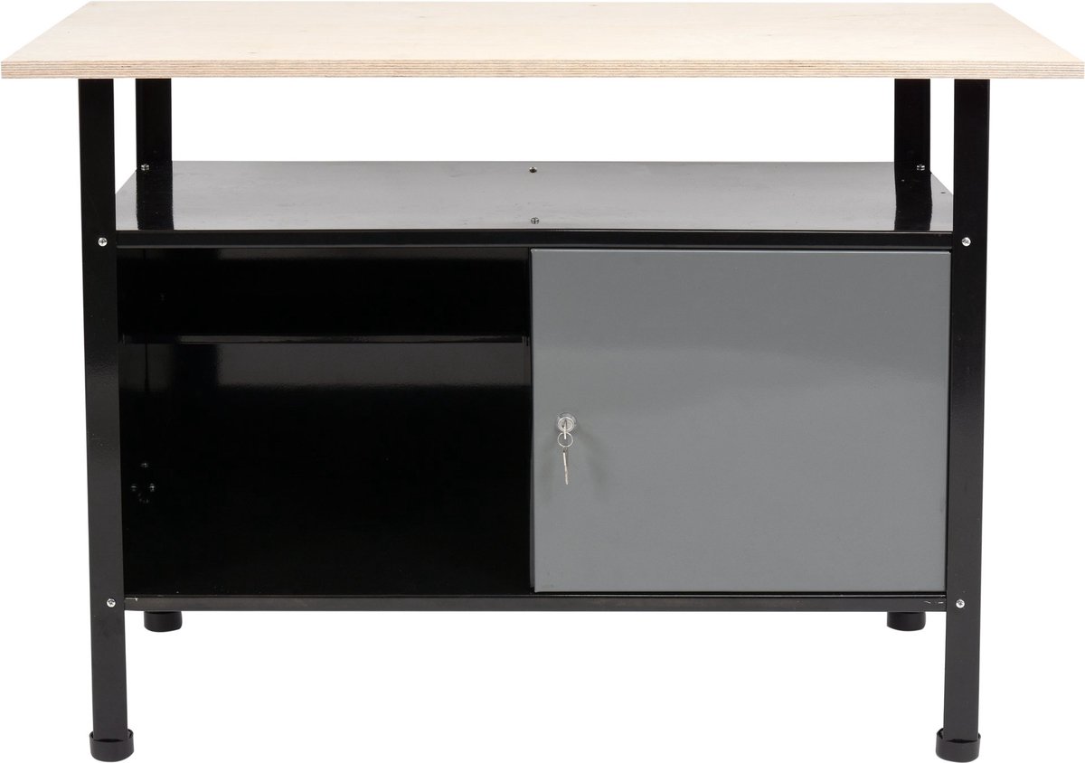 Stalen Werkbank met Multiplex Werkblad - 116 x 60 x 83 cm - Poedergecoat Staal - Sluitbare Werkplaatskast met Sleutel - Stevige Werktafel voor Werkplaats, Schuur & Garage