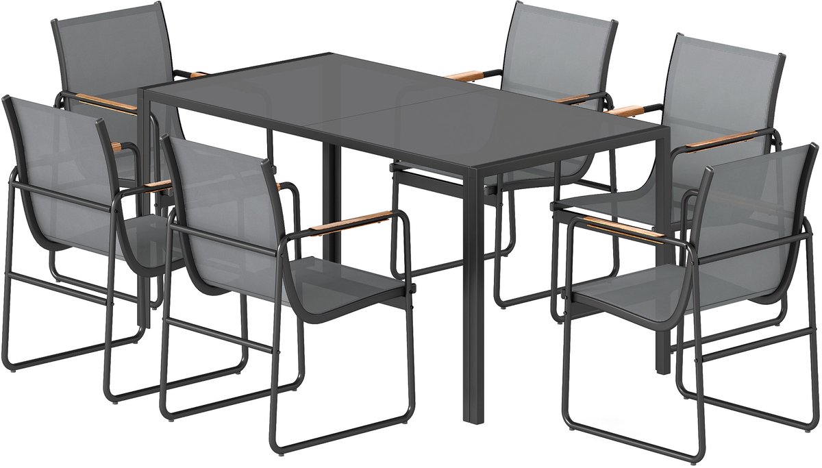 Eetkamerset voor buiten, 7-delig, voor 6 personen, glazen tafel en stoelen met decoratieve armleuningen, tuinmeubelen van staal voor terras, grijs