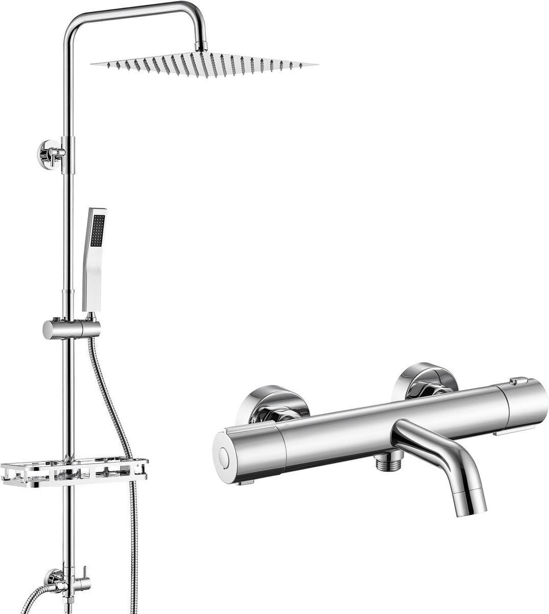 Auralum Max Douchesysteem - Regendouche Ø 25 cm - Met Thermostatische Badkraan en plankje - RVS Doucheset - Verstelbare Hoogte 72-110 cm - Regendoucheset - Waterbesparend - Wandmontage - Chroom