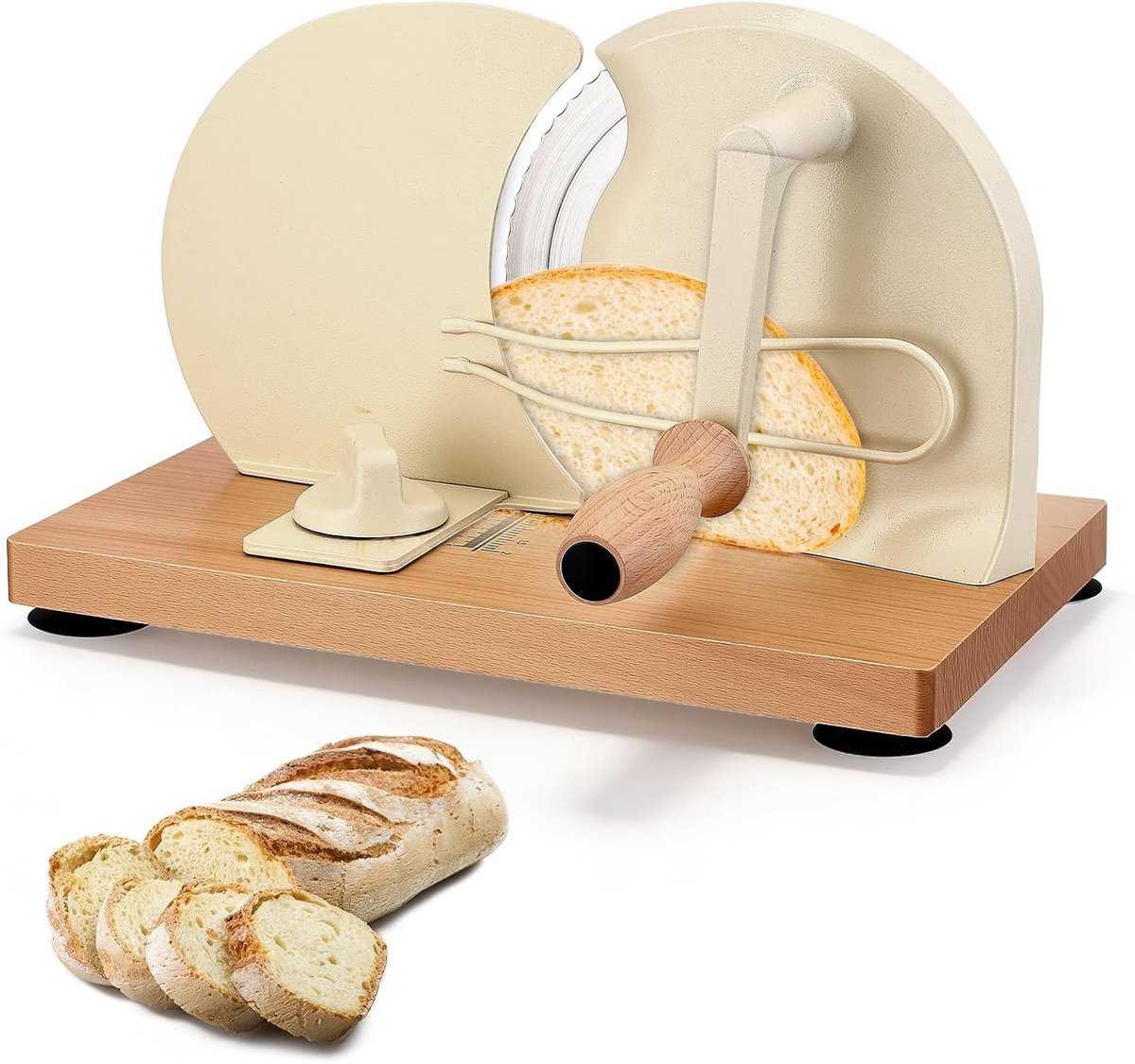 Broodsnijmachine handmatig met houten frame en roestvrijstalen lemmet, instelbare snijdikte 0-2 cm, ideaal voor brood, stokbrood en broodjes, schaaf voor gelijkmatige schijven