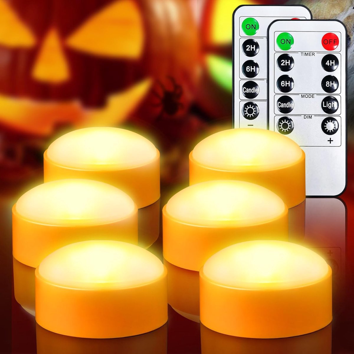 6 Pack LED Halloween Pompoenlichten met Afstandsbediening en Timer, Batterijgevoede Vlamloze Flikkerende Oranje Jack-O'-Lanterns, Elektrische Halloween Kaarslicht voor Buiten Pompoendecoraties