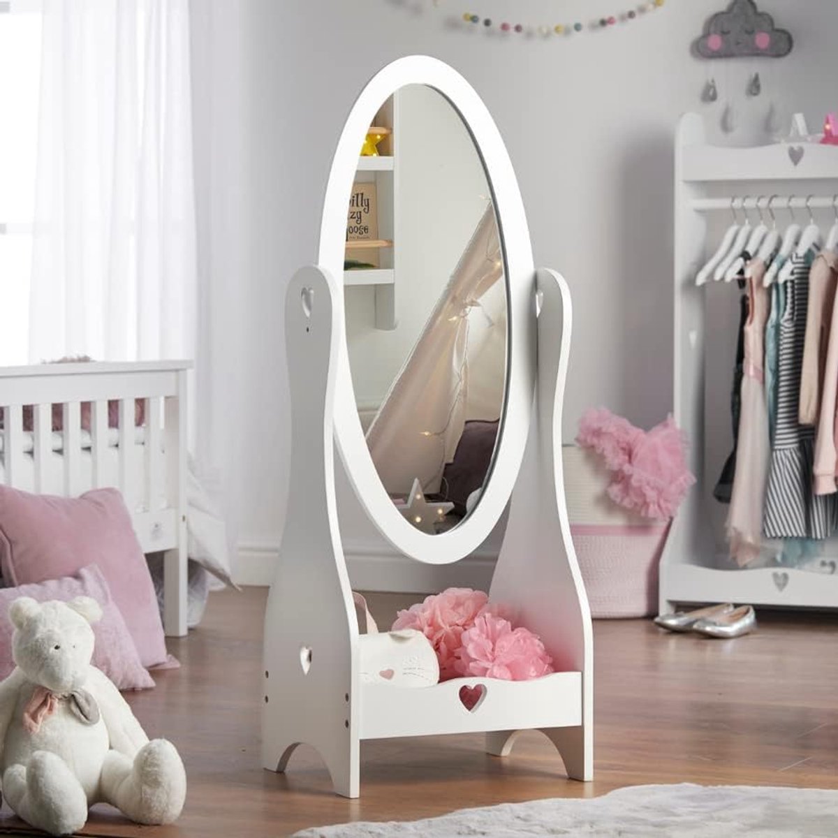 Projekt Vrijstaande lange spiegel voor meisjes, witte houten toiletspiegel voor kinderen, met de hand gemaakt slaapkamermeubilair voor kinderen