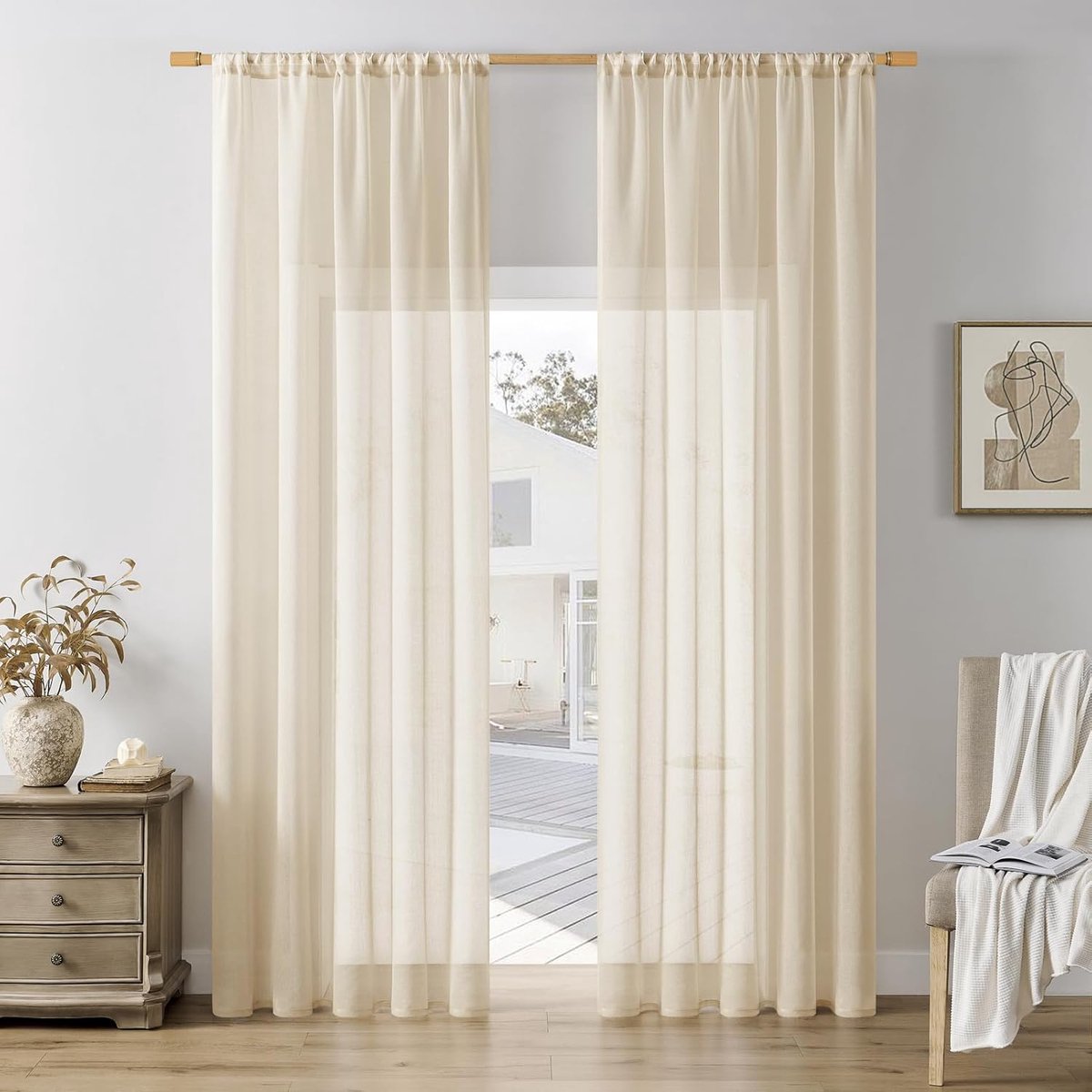 Stores Gordijnen voor woonkamer, moderne gordijnen met lussen, wit, slaapkamer, gordijn met inslagringen, 225 cm lang, 140 cm breed, set van 2