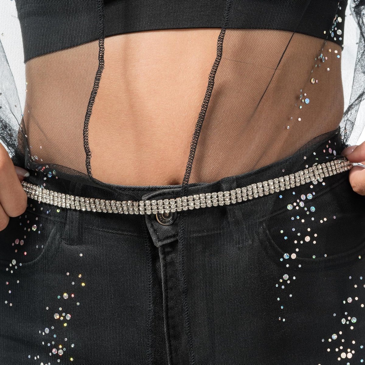 - Strass-riem voor dames, zilver, glittertailleketting | Kettingriem en heupketting voor jeans, jurken en jassen, verstelbaar accessoire met strass-steentjes
