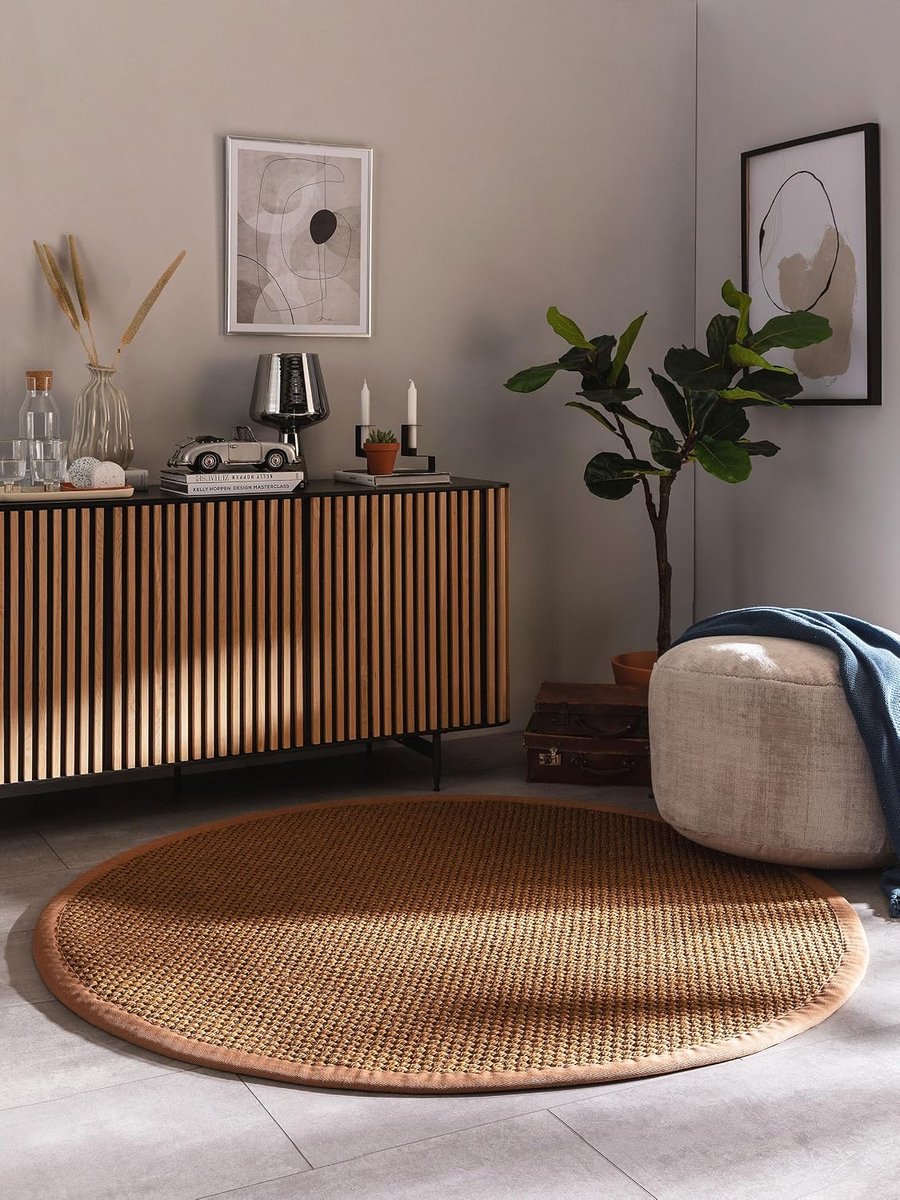 Benuta Pure Sisalteppich Greta - Lichtbruin 250x250 cm Rond - 100% Sisal - Rond & in stijl: Borduurwerk, Uni, Natural Living, Scandi Living - Gemakkelijk te onderhouden voor woonkamer slaapkamer