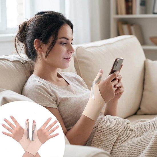 1 paar duimsteun met verstelbare ondersteuning, duimsteun rechts en links, verlichting van tenosynovitis, carpaal tunnel en gewrichtspijn, zacht, elastisch, ademend (beige, M) — afbeelding 2