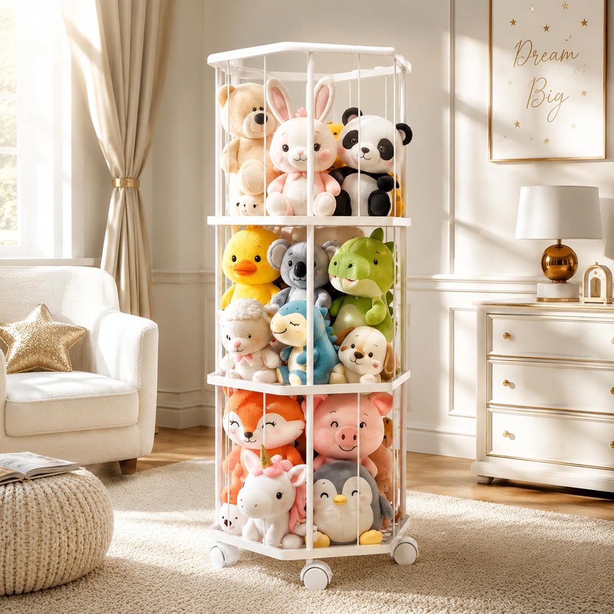 Knuffel-opslag, knuffeldieropslag met 360° rem, uitgerust met wielen, knuffeldier-opbergbuis, organizer voor slaapkamer, speelkamer, 135 x 43 x 43 cm