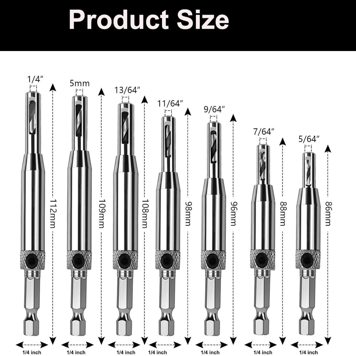 7-delige zelfcentrerende scharnierschaafset, 1/4" zeskantschacht VIX-bit, 5 mm, 7 mm, 9 mm, 11 mm, 13 mm, 1/4"