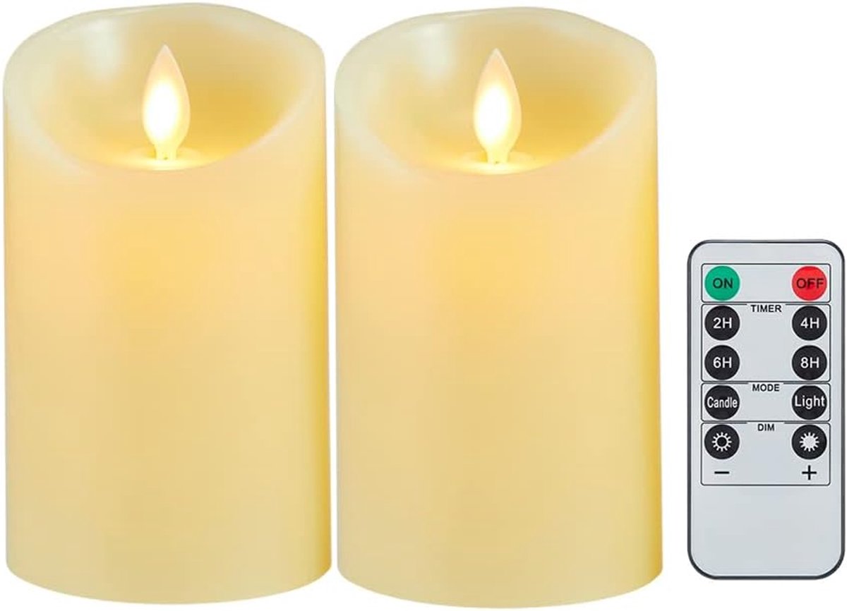 Set van 2 LED Kaarsen met Afstandsbediening, Kaarsen op Batterijen, Kerstkaarsen, Flikkerende LED-Kaarsen, Realistische Dansende Vlammen, voor Thuis, Bruiloft, Feest, Kerstmis (15cm Ivoor Wit)