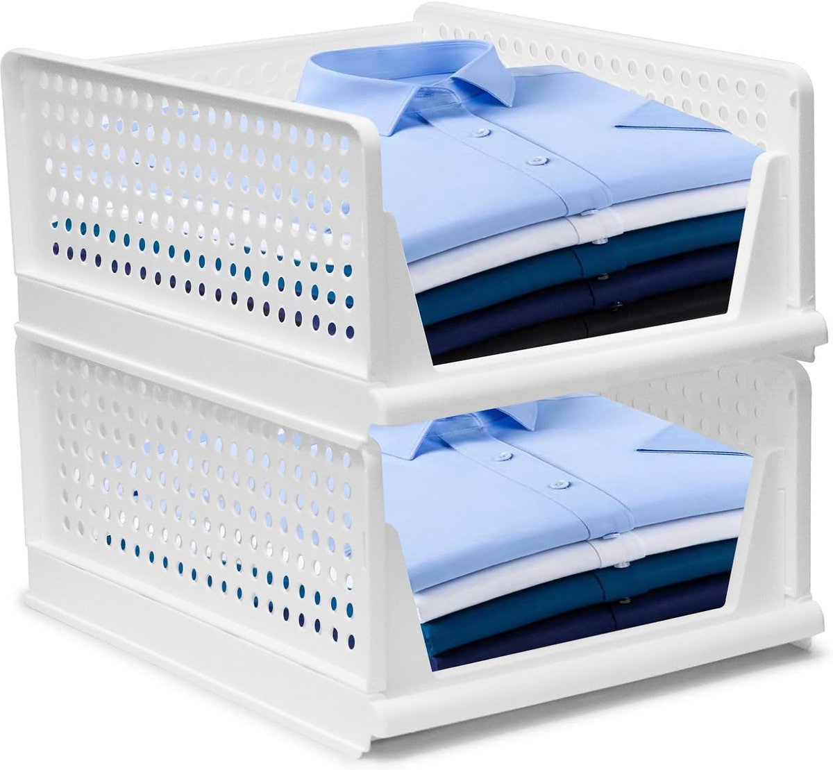 Opbergorganizer voor kledingkast, 2 stuks middelgrote stapelbare manden - 43 x 33,5 x 18,5 cm, multifunctionele plastic opbergbakken voor kast, thuis, kantoor, badkamer, kleding, speelgoed