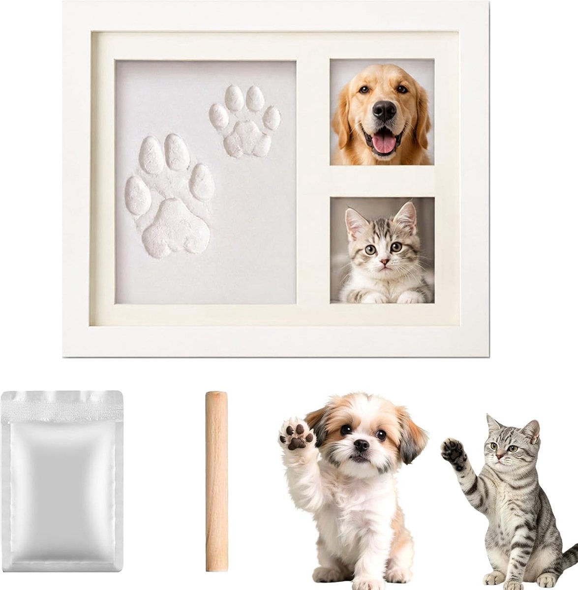 Hond kat fotolijst, 3D houten herdenkingskader voor hond en kat, pootafdrukset met kleimassa en fotodisplay, babyvoetafdruk, huisdecoratie, voor dierenbezitters en pasgeborenen (wit)