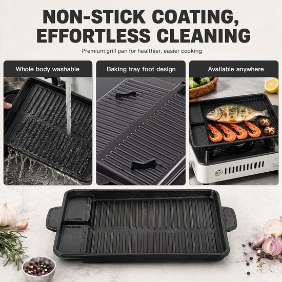 Grillplaat, rechthoekige grillpan, grillplaat met grillgroeven, grillopzetstuk voor gasfornuis, grillpan, anti-aanbaklaag voor campingfornuis, voor inductie, gas, keramiek — afbeelding 3