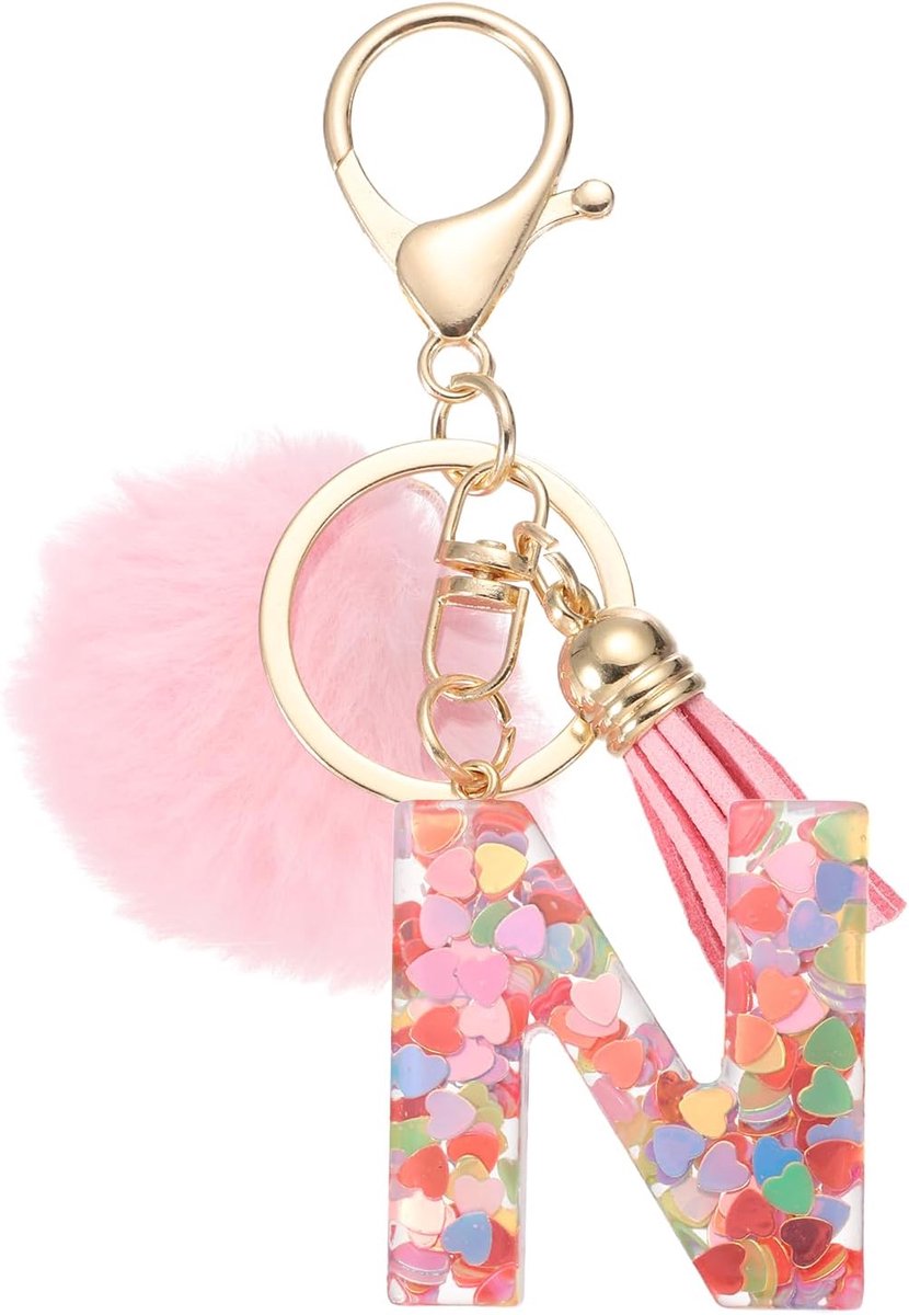 Alfabet eerste letter N sleutelhanger, schattige kwastjes bont bal pom sleutelhanger, roze