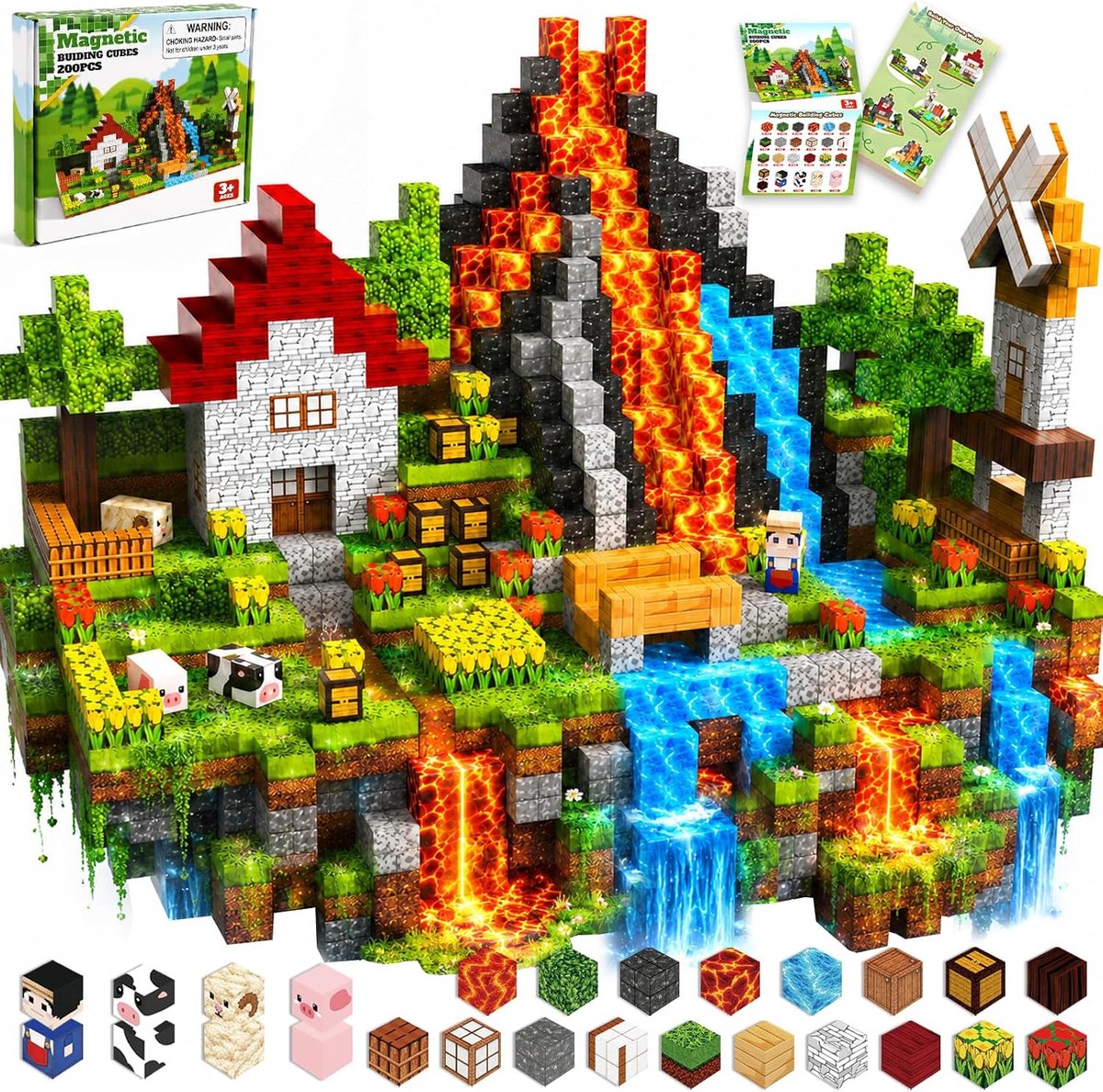 Magnetische bouwstenen, bouwmijnmagneet, 200 delen magnetische bouwstenen vanaf 4 jaar, huizen, bossen, dierthema's, STEM stapelbare huizen, creatief speelgoed vanaf 4, 5, 6, 7 jaar, voor jongens en