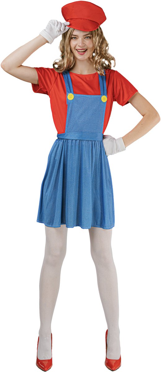 Joya Party® Loodgieter Verkleedjurk Dames | Bekende Game Loodgieter Outfit Vrouwen | Verkleedkleding Vrouw | Complete Set met Jurk, Shirt, Pet & Handschoenen | Carnaval | Halloween | Maat M/L