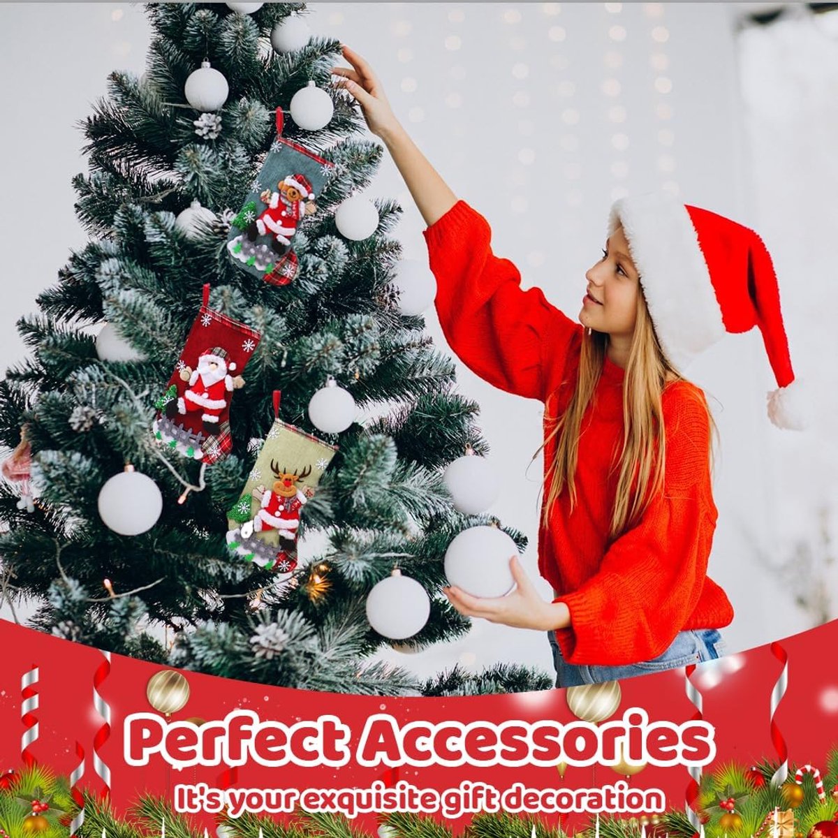 4 Stuks Kerstkous Gepersonaliseerd Kerstsokken Haard Sint Sokken Kerstmis Decoratie, Rood Grijs Sint Laarzen om te Vullen Kerstkousen Kerstdecoratie