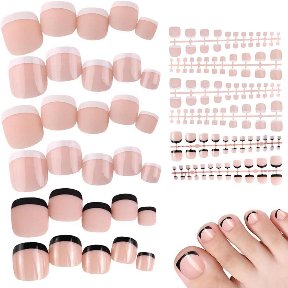 144 stuks valse teennagelset, Franse natuurlijke kunstmat-teennagels om op te plakken, volledige cover teen-nageltips voor vrouwen, 12 maten
