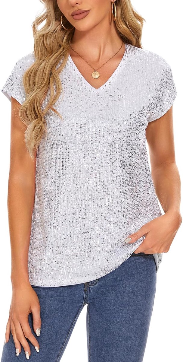 Dames pailletten glitter top korte mouwen V-hals T-shirt blouse cap mouwen vrije tijd party festival club