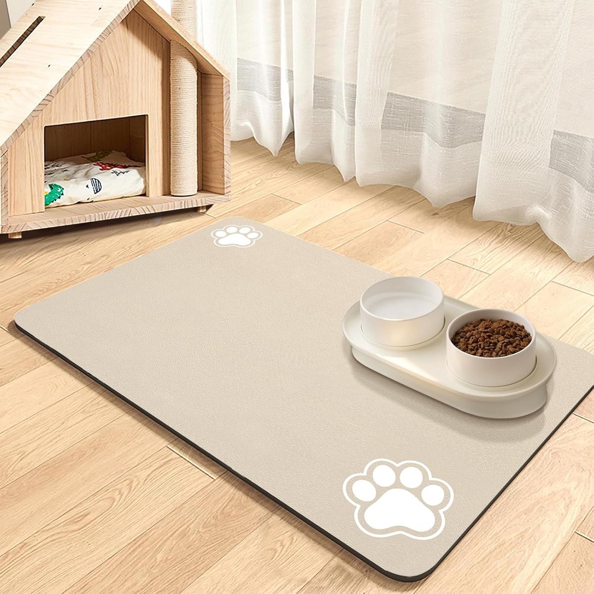 Voedingsmat voor huisdieren, absorberende placemat voor huisdieren voor voer en waterbak, geen vlekken, sneldrogende voerbak voor honden en katten, mat met waterdichte rubberen achterkant (beige - 2