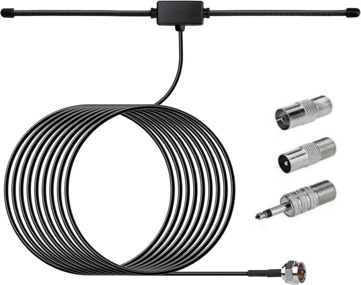 Dipool, met coaxkabel, 3 m antenne, FM-interior, radio-antenne Para Estéreo, compatibel met stereotuners, AV-ontvangers en hifi-versterkers, incl. 3 adapters