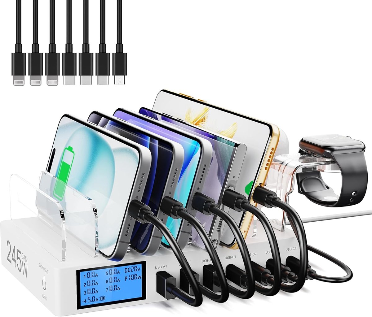 USB-laadstation voor meerdere apparaten, 7-poorts USB Multi Charge 245W met 7 kabels, laadstation met lcd-display, compatibel met telefoons, tablets en andere apparaten, wit