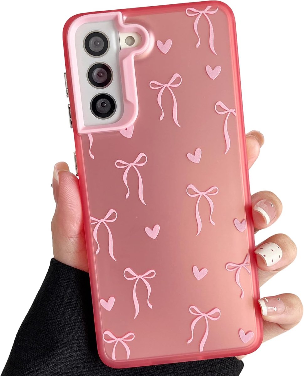 Roze hoesje voor Samsung Galaxy S21 Plus/S21+ 5G (6,7 inch), esthetisch telefoonhoesje met schattig lint strikje patroon, glanzende harde PC achterkant siliconen bumper schokbestendige hoes