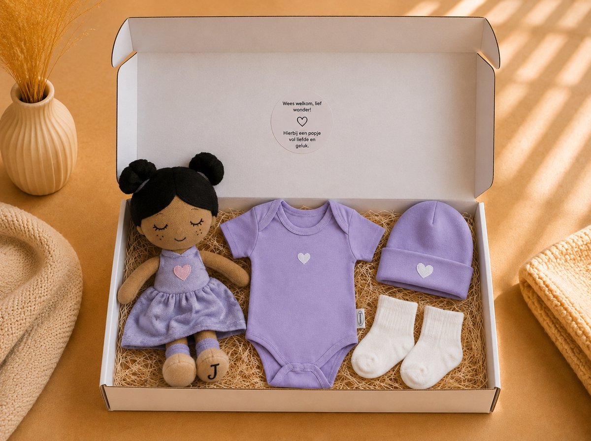Luxe Kraamcadeau Meisje – Jollein Knuffelpop Daisy, Romper, Muts & Sokjes – Geboortecadeau in Cadeaubox