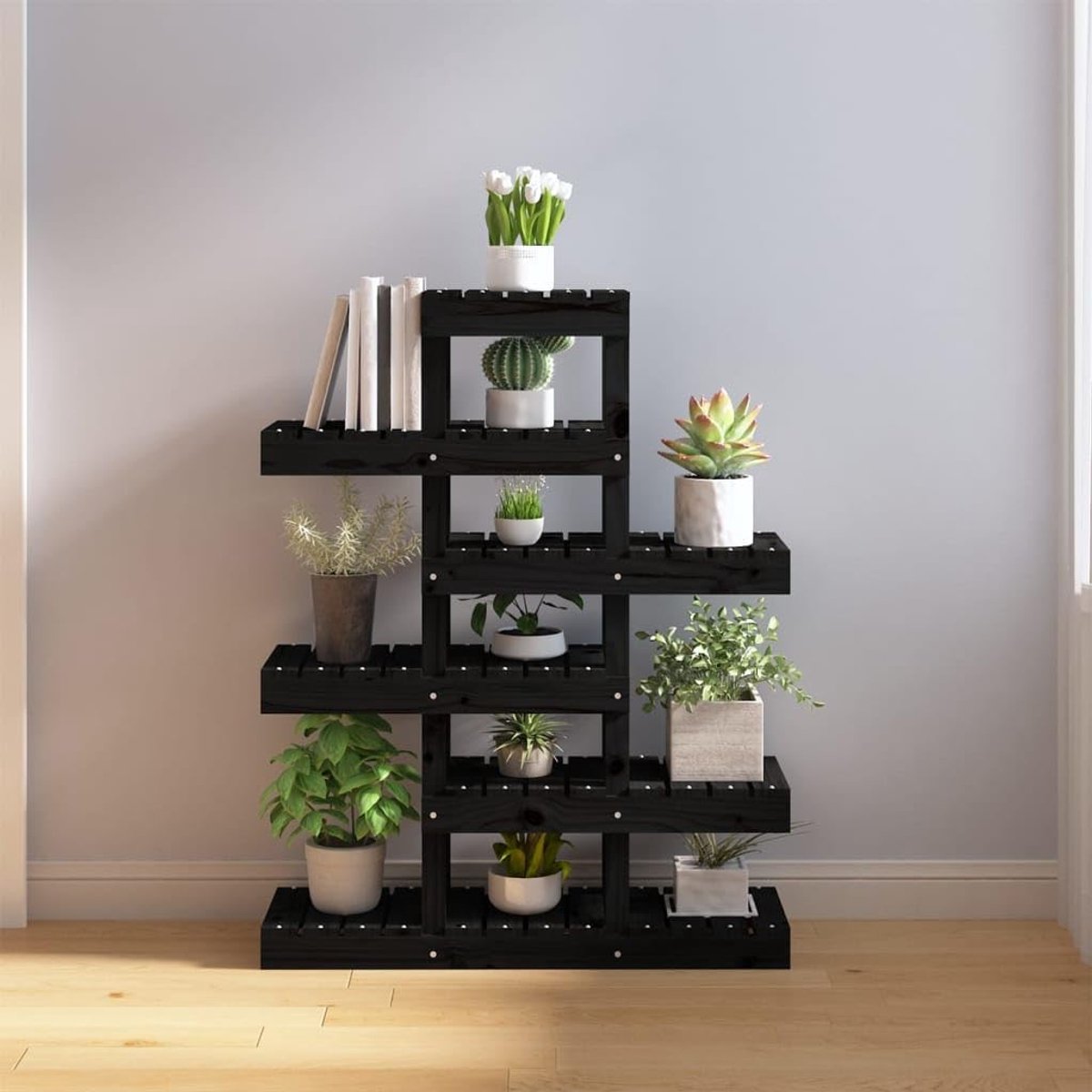 Zwart, 85 x 25 x 109,5 cm, massief grenenhout | Planken in verschillende hoogtes, stabiel frame, voor woonkamer, terras, tuin, wandbevestiging inbegrepen