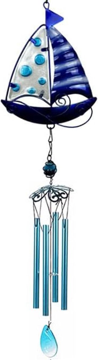 Windgong patio hangende decoratie, glazen tuindecoratie, buitenveranda balkon creatieve hangende decoratie (45 cm x 11,5 cm x 3,5 cm) (zeilboot)