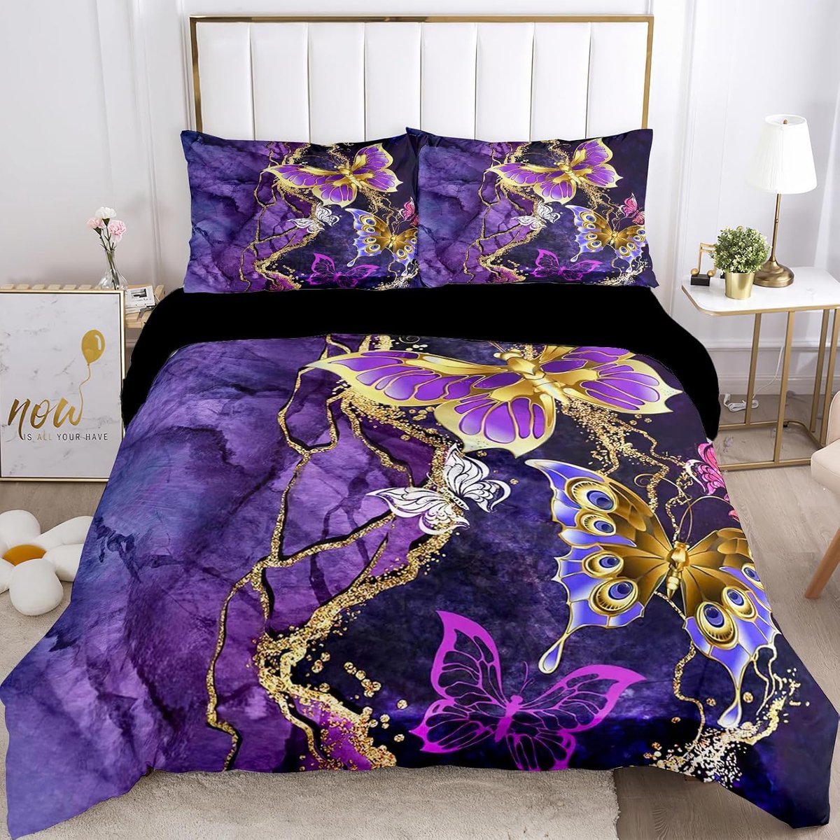 Dekbedovertrek, 100% Microvezel Vlinder Beddengoedset Met Ritssluiting, 1 Dekbedovertrek en 2 Kussenslopen (A, 220x240cm)