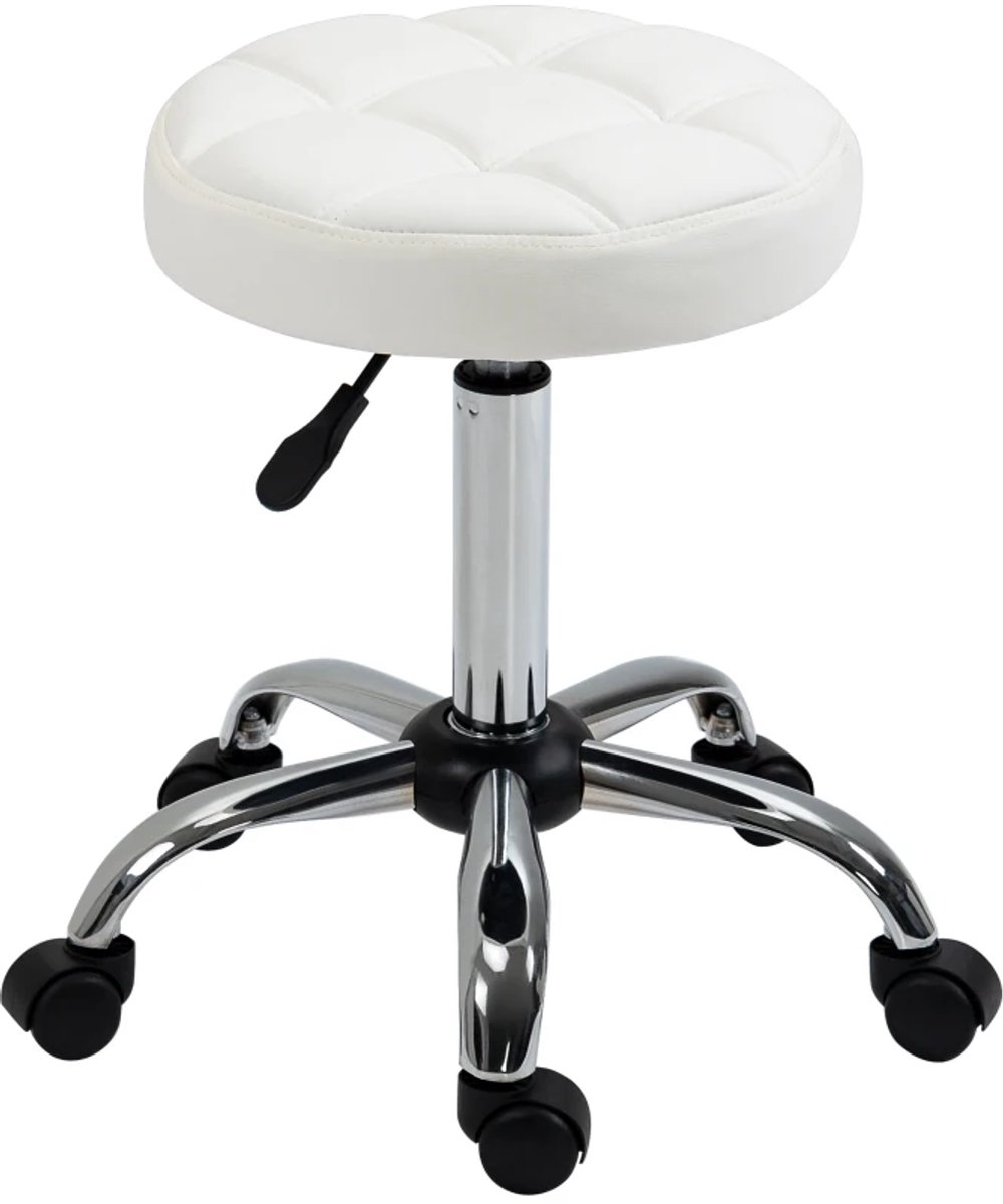 Salonkruk - Zadelkruk op Wielen - Kapperskruk - Tabouret - 360° Draaibaar - In Hoogte Verstelbaar - Salonstoel - Kruk Stoel - Werkkruk - voor Kantoor, Salon, Massage, Spa - Wit/Zilver