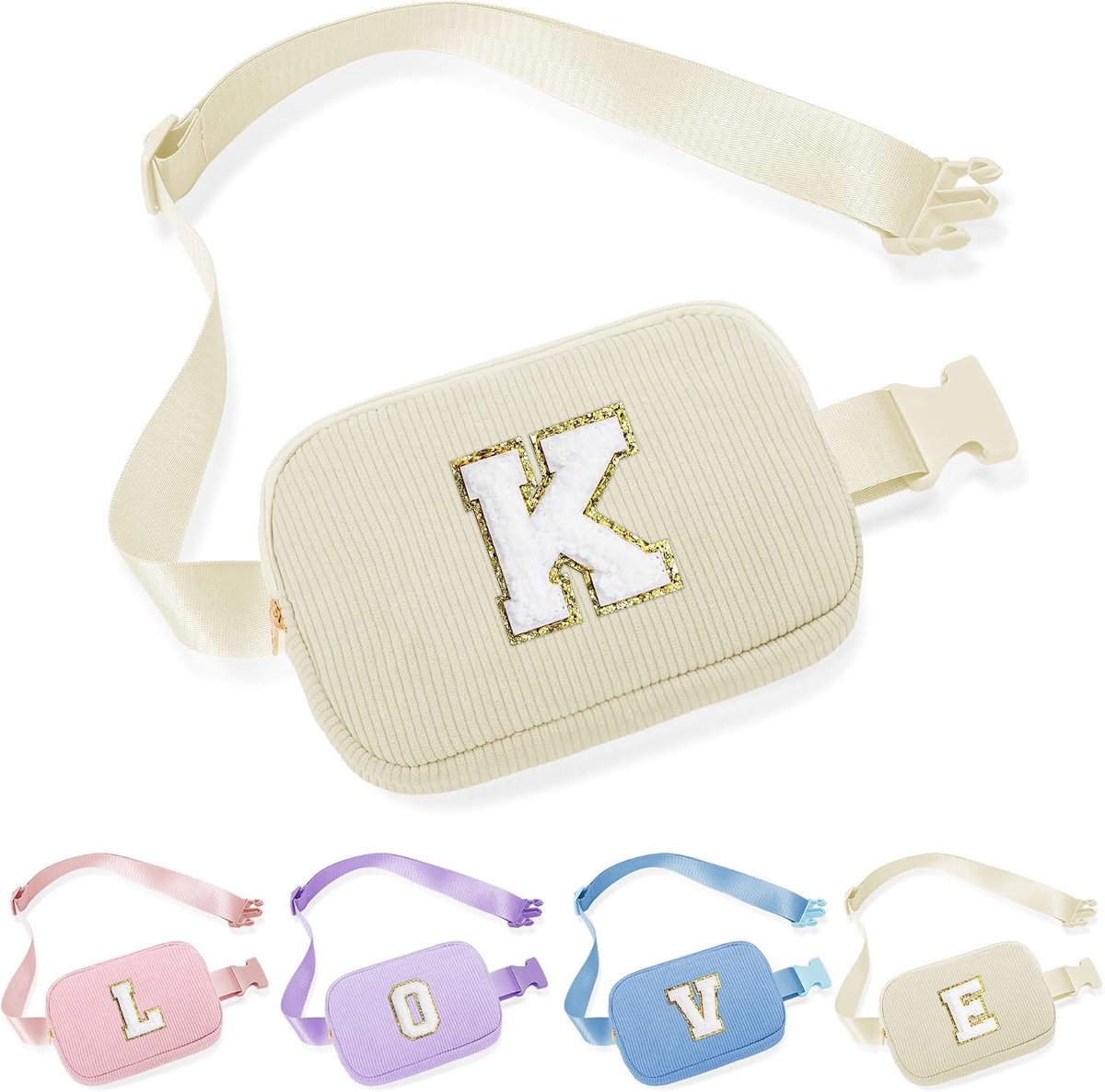 Paascadeaus voor kinderen, meisjes en vrouwen, letters, heuptas voor dames, kleine heuptas, gepersonaliseerde cadeaus voor vrouwen, meisjes, kinderen, brieven, buiktas, A-Z, beige, K