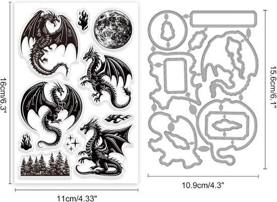 2 Stks Draak en Maan Clear Stempels en Snijmallen Siliconen Clear Stempels Kaarten en Metalen Die Cuts Voor Kaarten Maken En Diy Embossing Scrapbooking — afbeelding 4