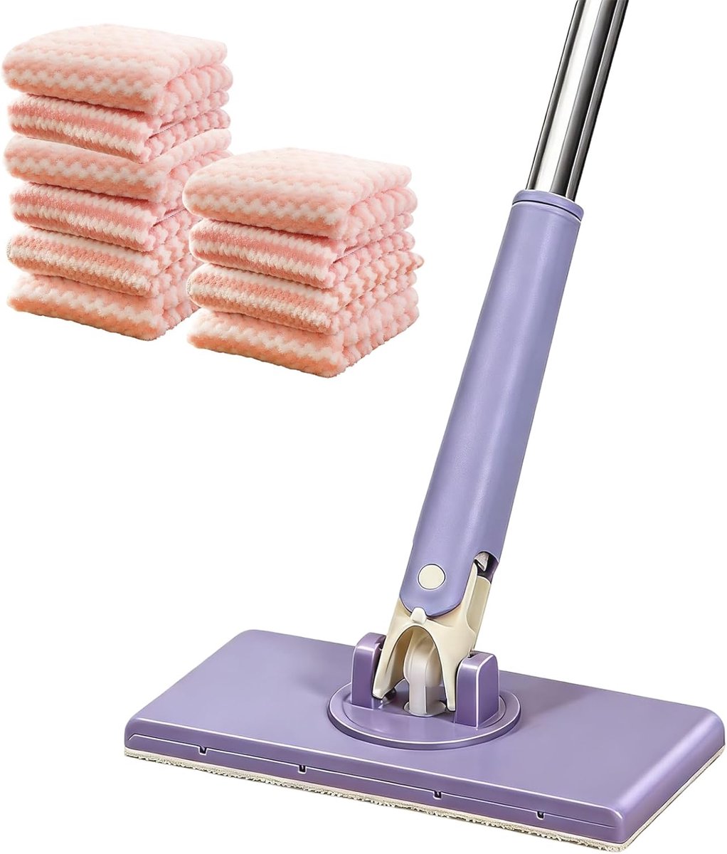 Dweilmop met drukklem-systeem, wasmop met 10 herbruikbare microvezeldoeken zonder wassen, afneembare doek met klem voor het verwijderen van dierenharen, van stenen vloeren, badkamer, woonkamer