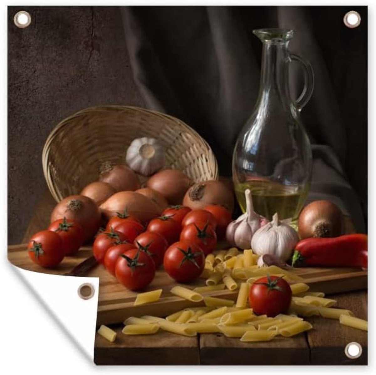 Tuinposter - 200x200 cm - Snijplank - Groente - Stilleven - Pasta - Uit - Tomaat - Snijplank