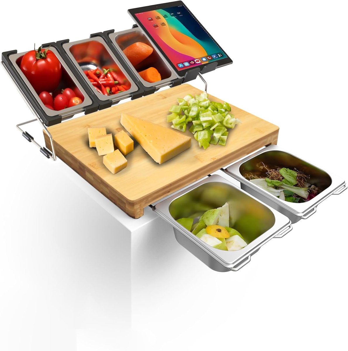 Snijplank met opvangschaal, biologisch bamboehout, snijplank, extra groot en uittrekbaar, inclusief 5 x roestvrij stalen keukenvoedselopbergdoos en 1 x telefoon/tablethouder (40 x 28 x 3,2 cm)