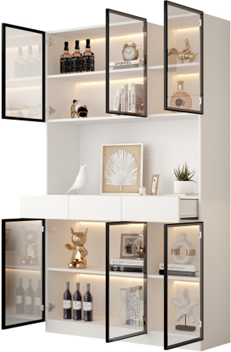 Vitrinekast 200 cm hoog - Met glazen deur en LED-verlichting - Wit