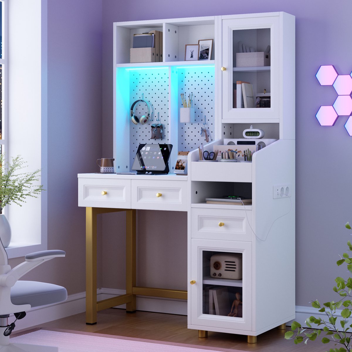 VVBV Kaptafel 100x45x156 cm - Met Spiegel, USB & Type-C, Opbergruimte, Stopcontact - Wit/Goud, MDF