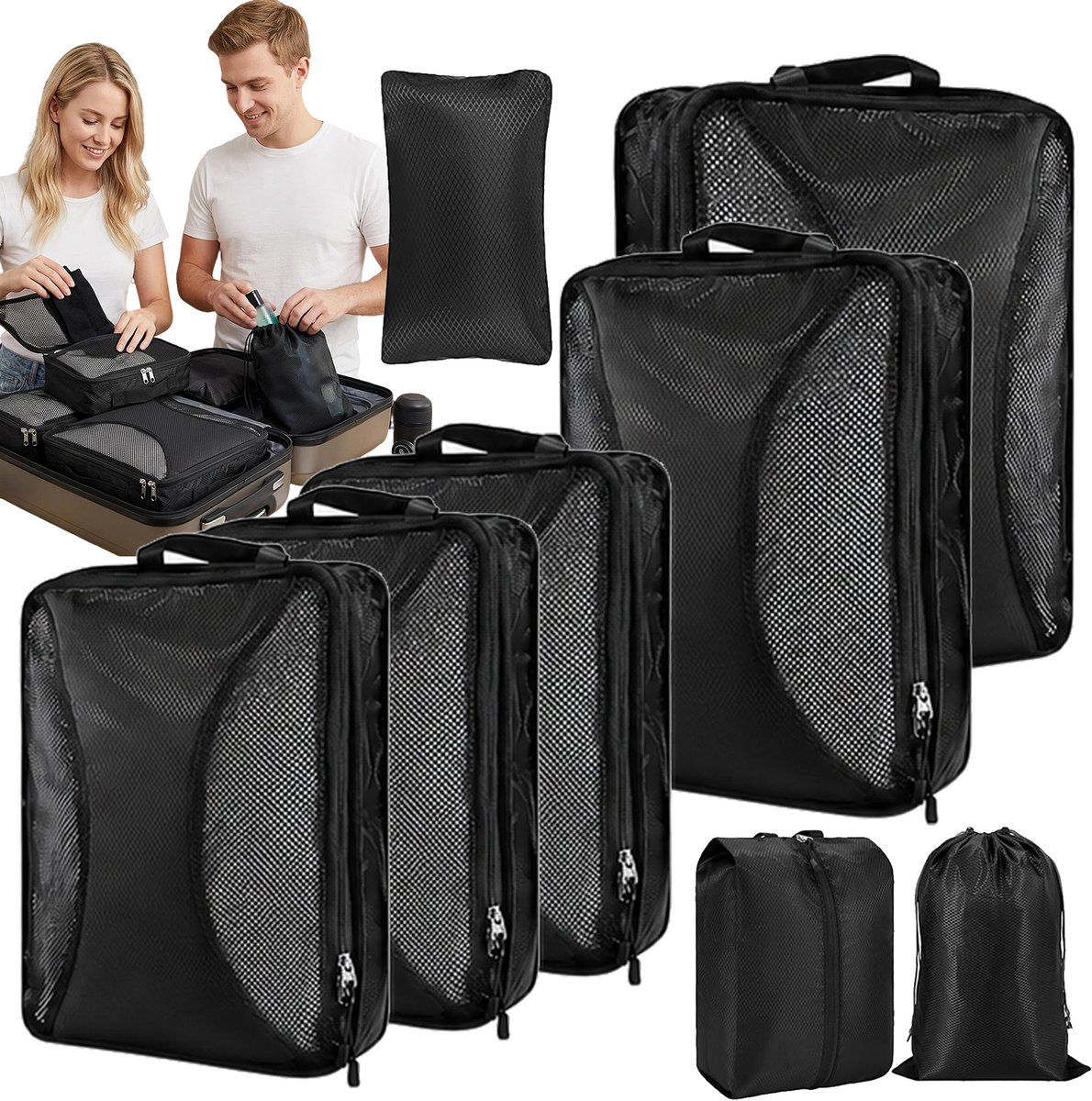 Compressie Packing Cubes - Koffer Organizer Set - Opbergzakken - 8 Stuks - Met Compressie Rits - Nylon en Ademend Mesh - Waterdicht - 2 Ritsen - 32x24 cm - Kleding en Toiletartikelen - Voor Koffer en Rugzak