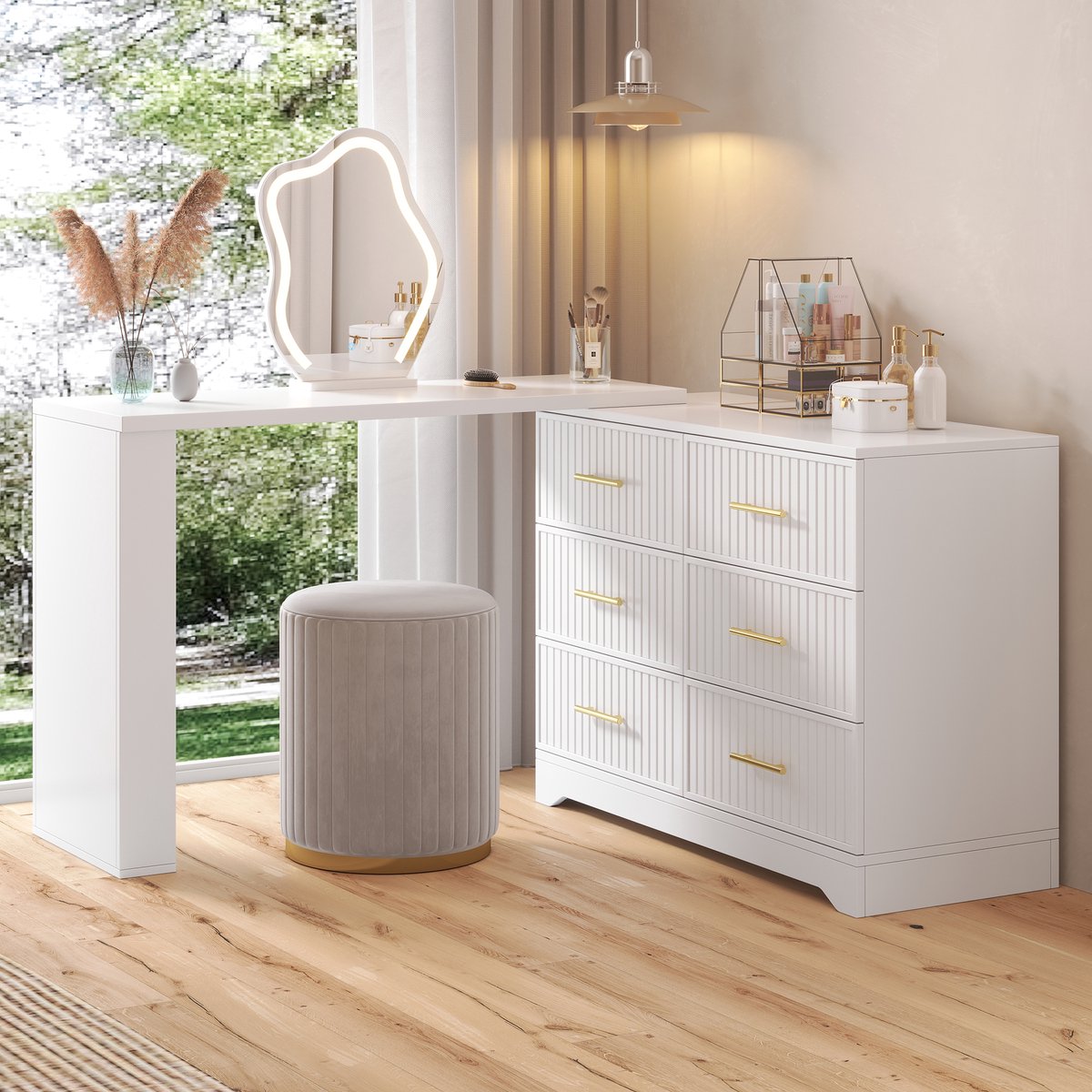 VVBV Kaptafel 110x40x129 cm - Met Spiegel, 360° Draaibaar, Opbergruimte, LED-Verlichting - Wit/Goud, Spaanplaat