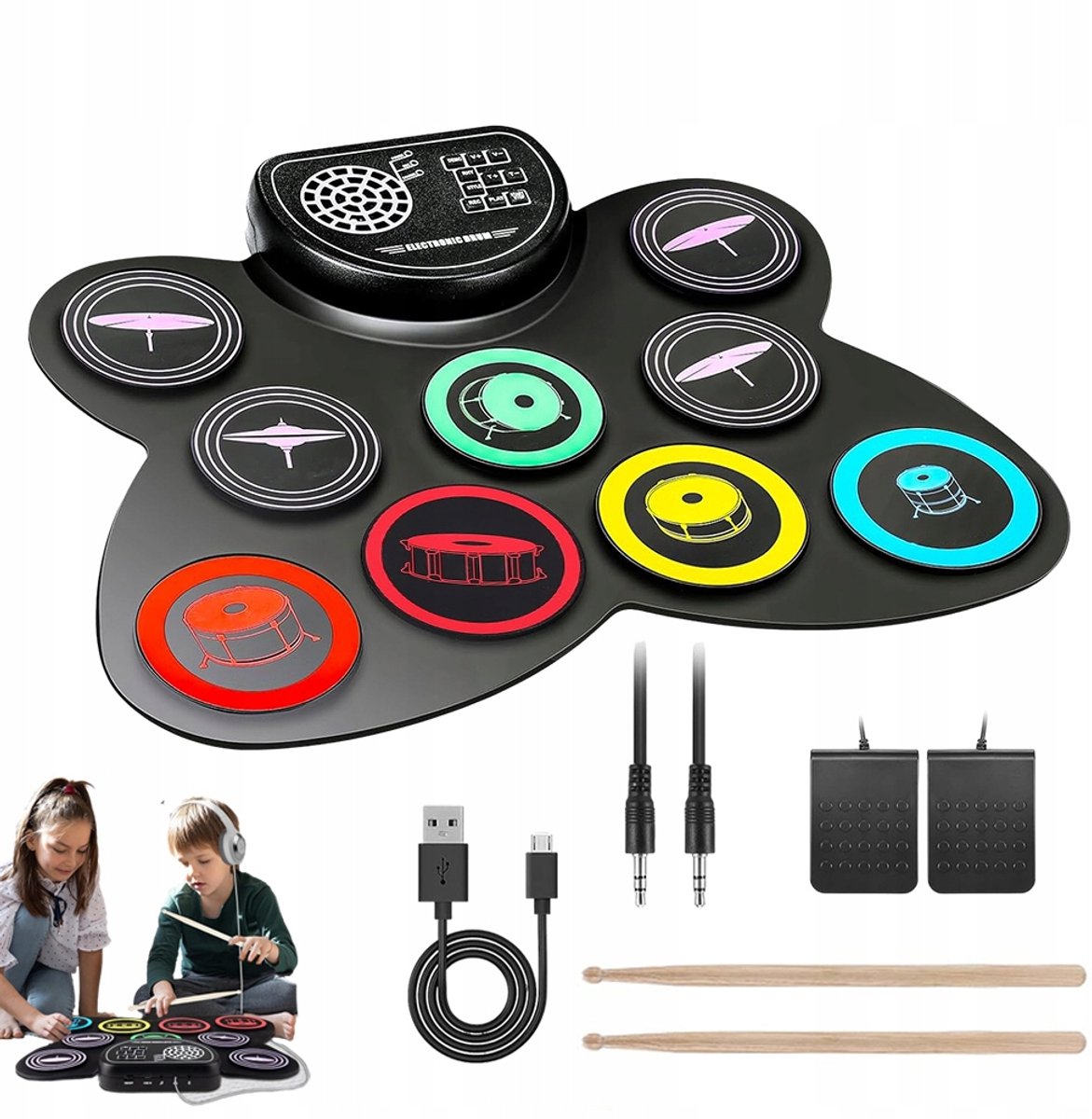Elektrisch Drumstel - Digitaal Drumstel - Muziek Speelgoed - Kinder Drumstel - met 9 Drumpads - Inclusief Drumsticks & Voetpedalen & Speaker - Oplaadbaar - 3,5mm - Voor Kinderen en Volwassenen - Beginners