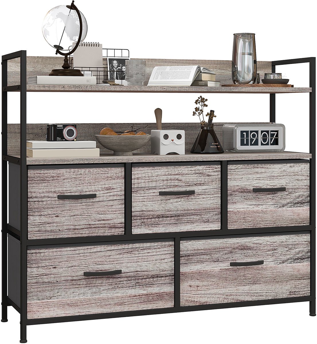 Ladekast – opbergkast – 2 legplanken – 5 stoffen lades met handgrepen – metalen frame – grijze houtlook