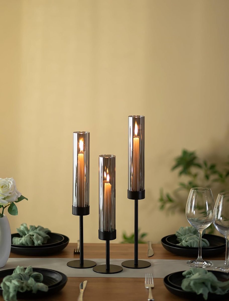 Kandelaar voor Staaskaarsen Zwart met Rookglas: Set van 3 Metalen Kandelaars met Windlicht - Moderne Tafeldecoratie voor Binnen - Buiten - Woonkamer - Kerst – foto 5